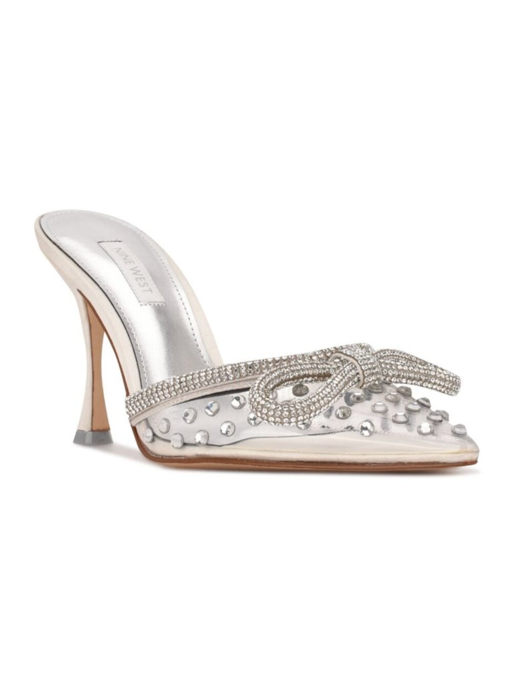 Nine West Womens Nanita Slip-On Heeled Rhinestone Mules Clear Silver Size 8M NWB